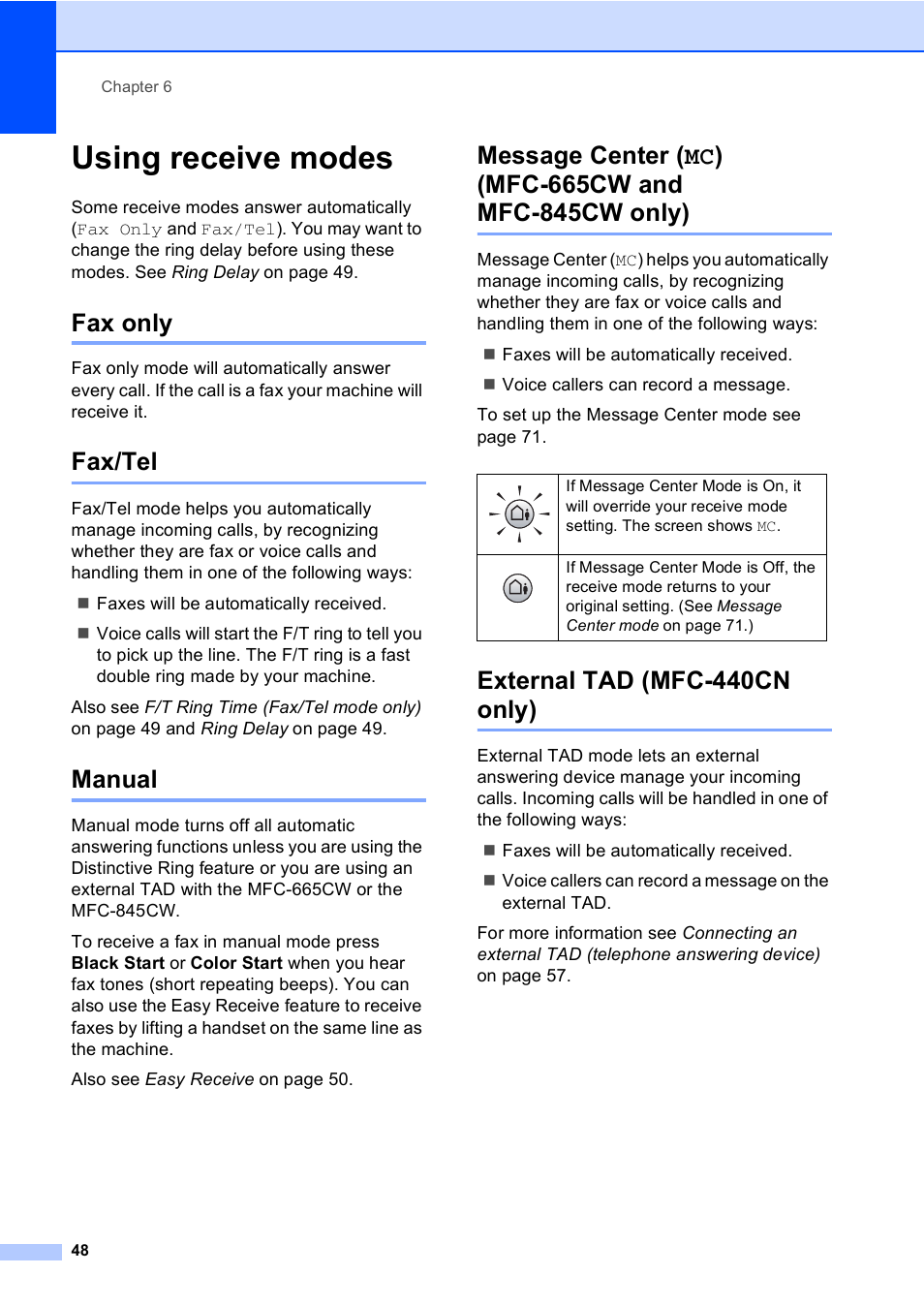 Using receive modes, Fax only, Fax/tel | Manual, Message center (mc) (mfc-665cw and mfc-845cw only), External tad (mfc-440cn only) | Brother MFC-665CW User Manual | Page 64 / 217