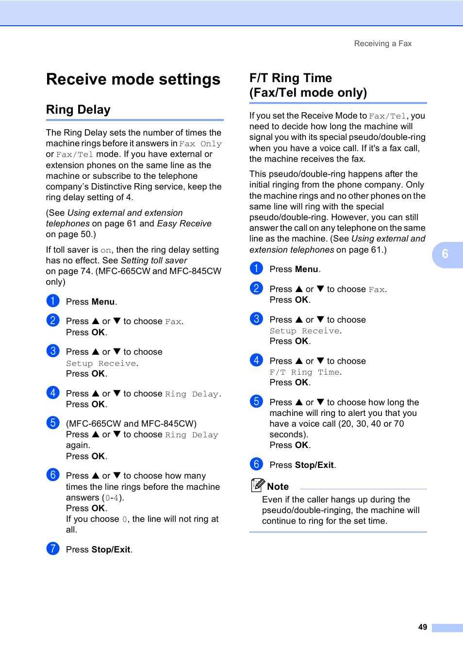 Receive mode settings, Ring delay, F/t ring time (fax/tel mode only) | Ring delay f/t ring time (fax/tel mode only) | Brother MFC-665CW User Manual | Page 65 / 217