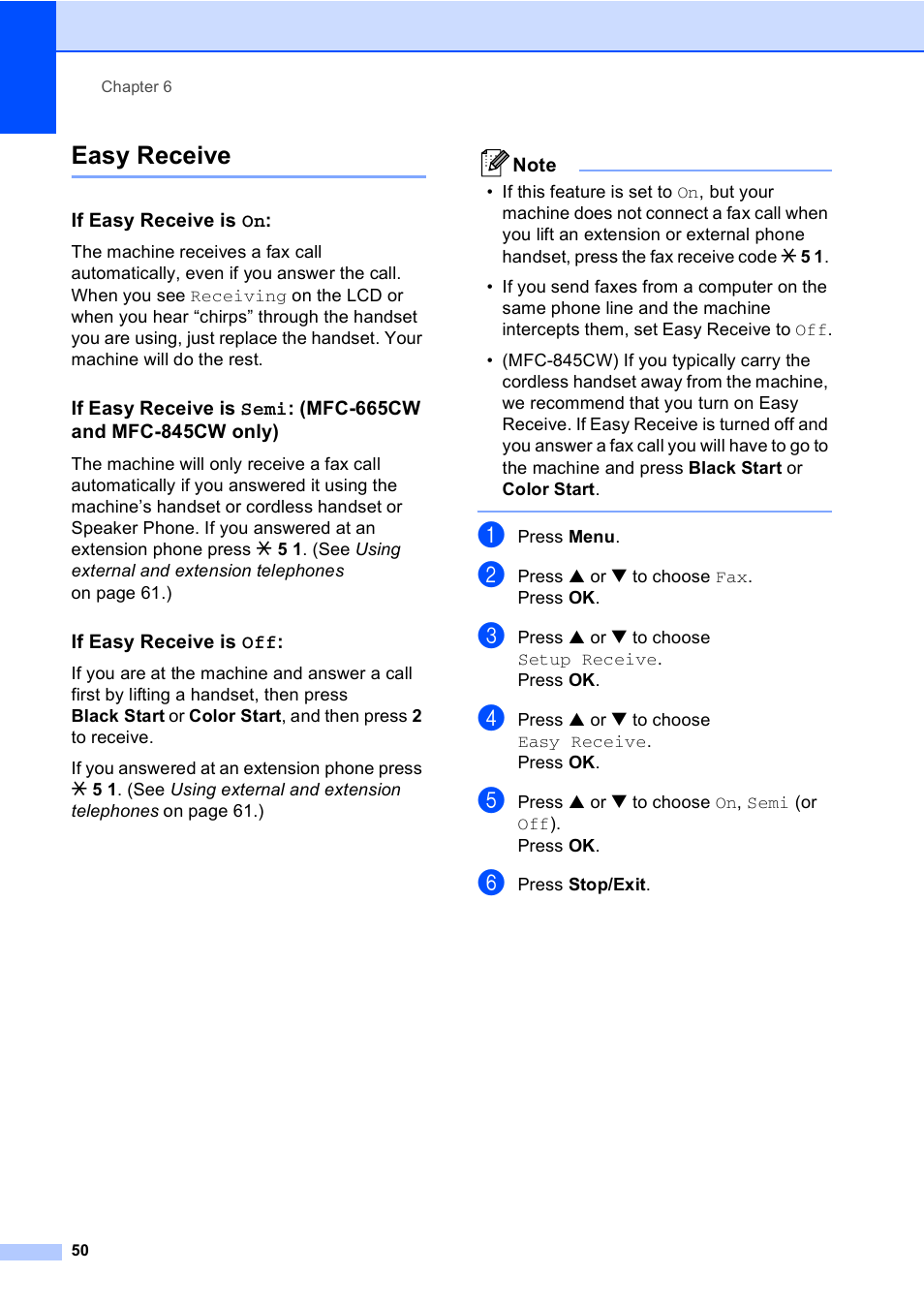 Easy receive, If easy receive is on, If easy receive is off | Brother MFC-665CW User Manual | Page 66 / 217