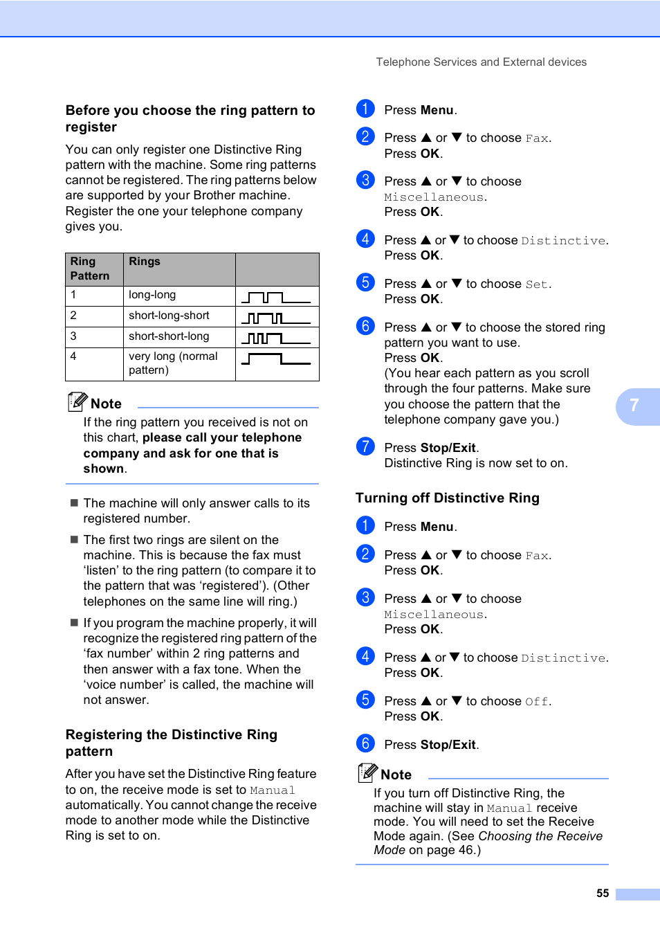 Before you choose the ring pattern to register, Registering the distinctive ring pattern, Turning off distinctive ring | Brother MFC-665CW User Manual | Page 71 / 217