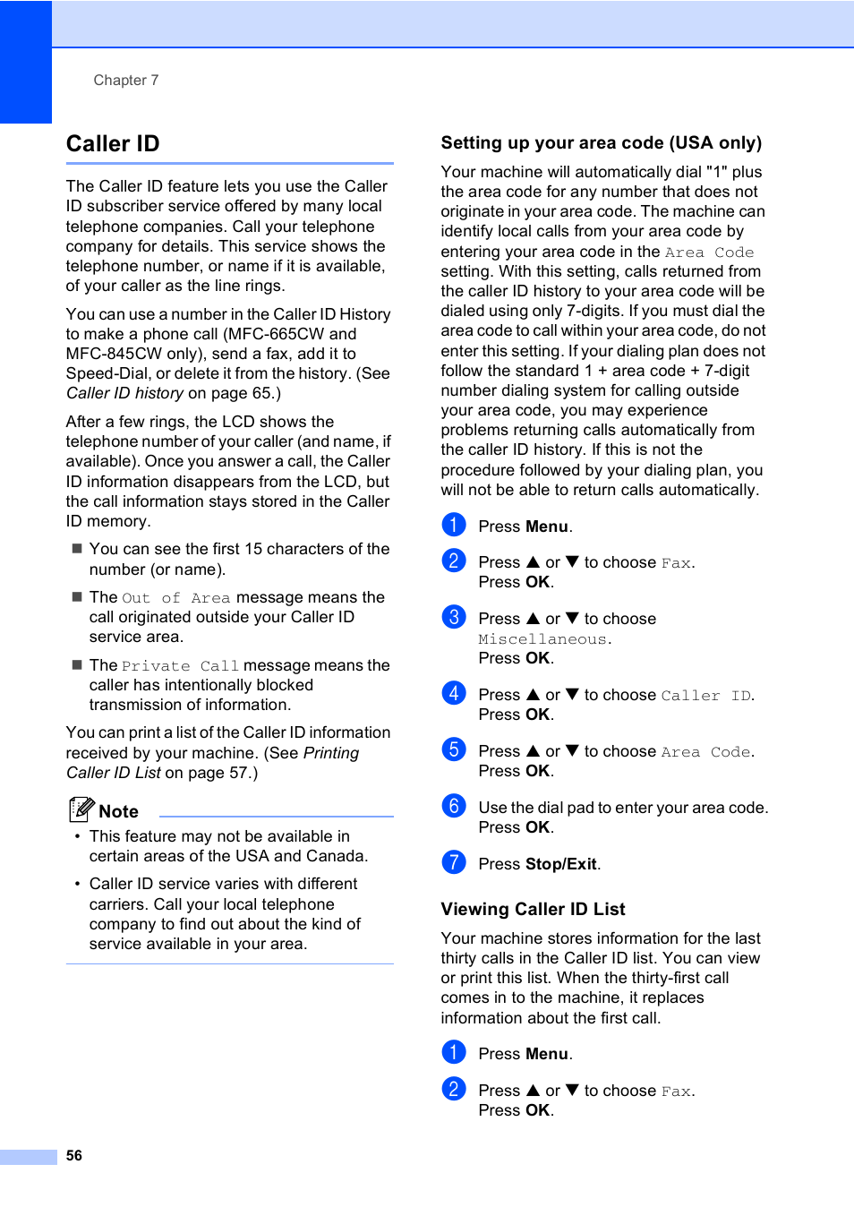 Caller id, Setting up your area code (usa only), Viewing caller id list | Brother MFC-665CW User Manual | Page 72 / 217