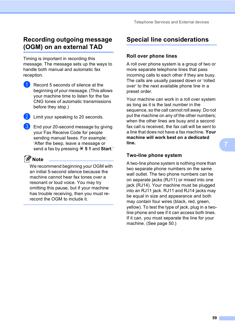 Special line considerations, Roll over phone lines, Two-line phone system | Brother MFC-665CW User Manual | Page 75 / 217