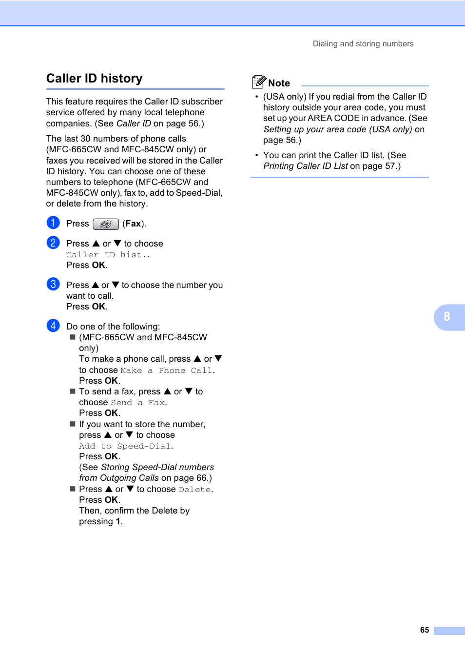 Caller id history, 8caller id history | Brother MFC-665CW User Manual | Page 81 / 217