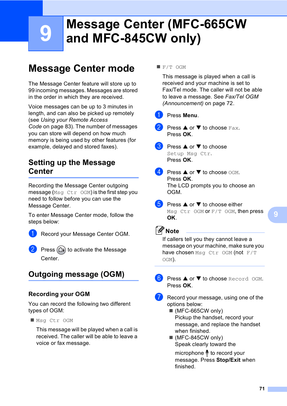 9 message center (mfc-665cw and mfc-845cw only), Message center mode, Setting up the message center | Outgoing message (ogm), Recording your ogm, Message center (mfc-665cw and mfc-845cw only) | Brother MFC-665CW User Manual | Page 87 / 217