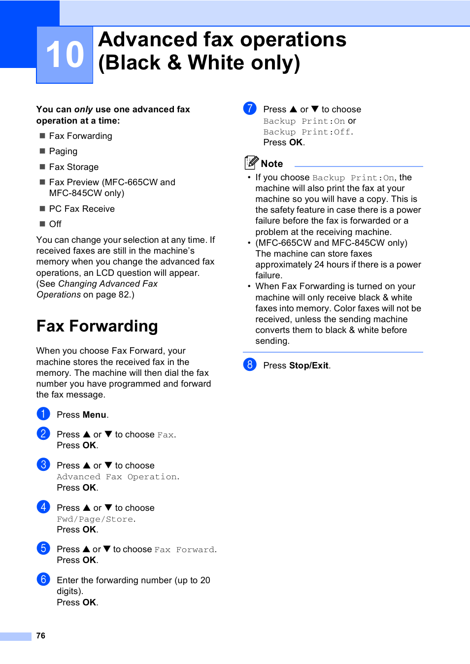 10 advanced fax operations (black & white only), Fax forwarding, Advanced fax operations (black & white only) | Brother MFC-665CW User Manual | Page 92 / 217