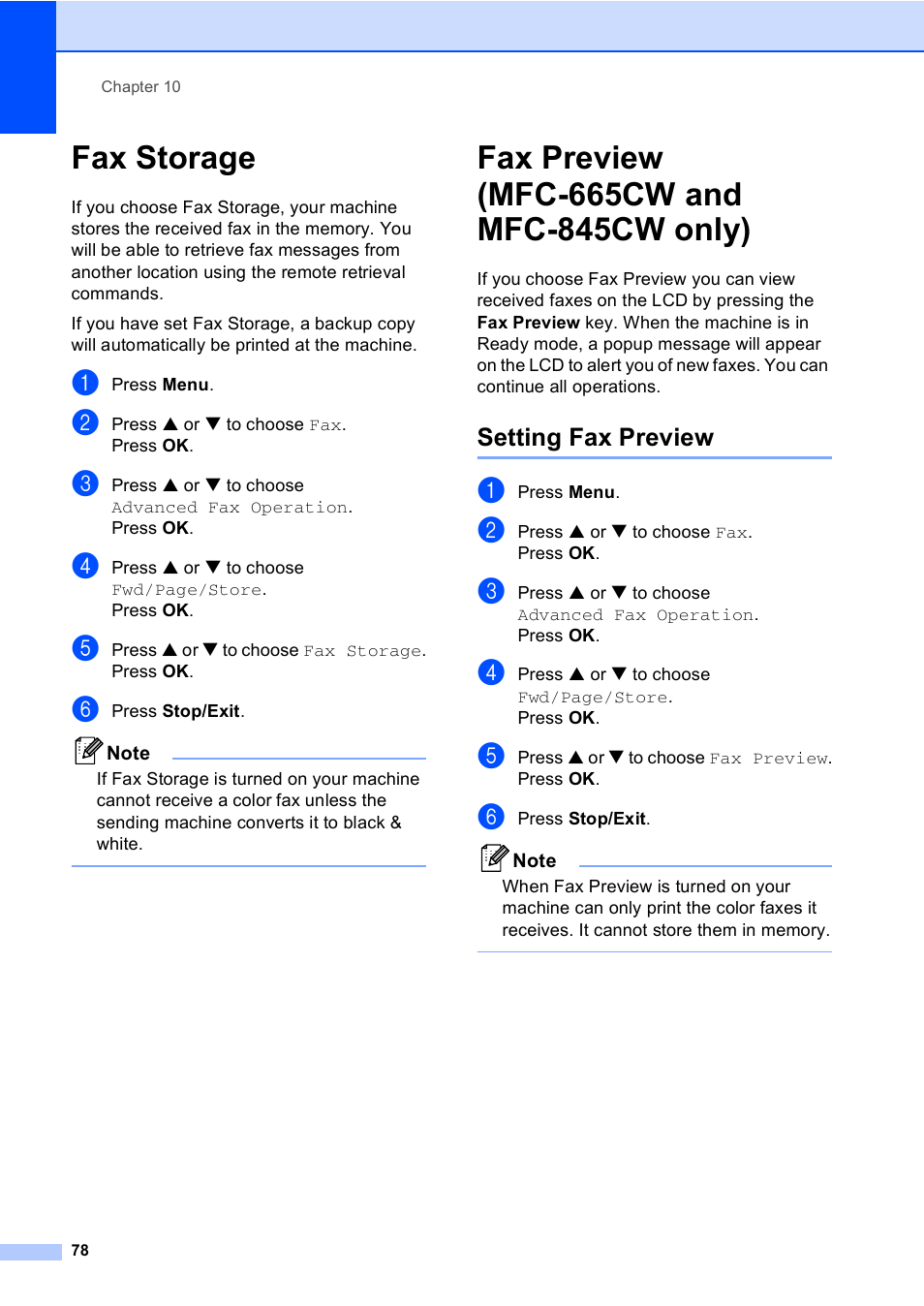 Fax storage, Fax preview (mfc-665cw and mfc-845cw only), Setting fax preview | Brother MFC-665CW User Manual | Page 94 / 217