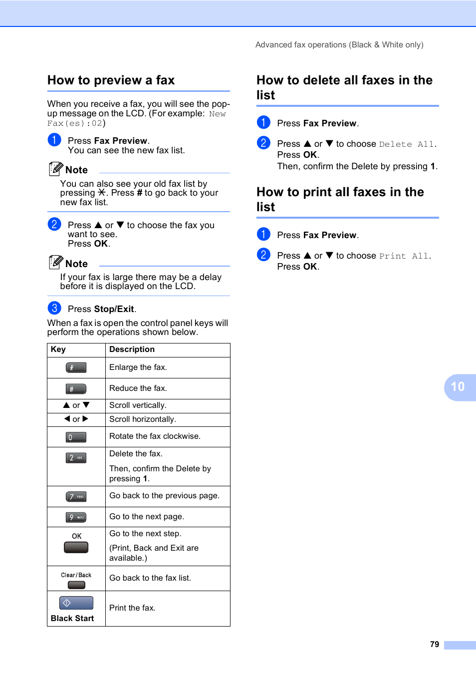 How to preview a fax, How to delete all faxes in the list, How to print all faxes in the list | 10 how to preview a fax | Brother MFC-665CW User Manual | Page 95 / 217