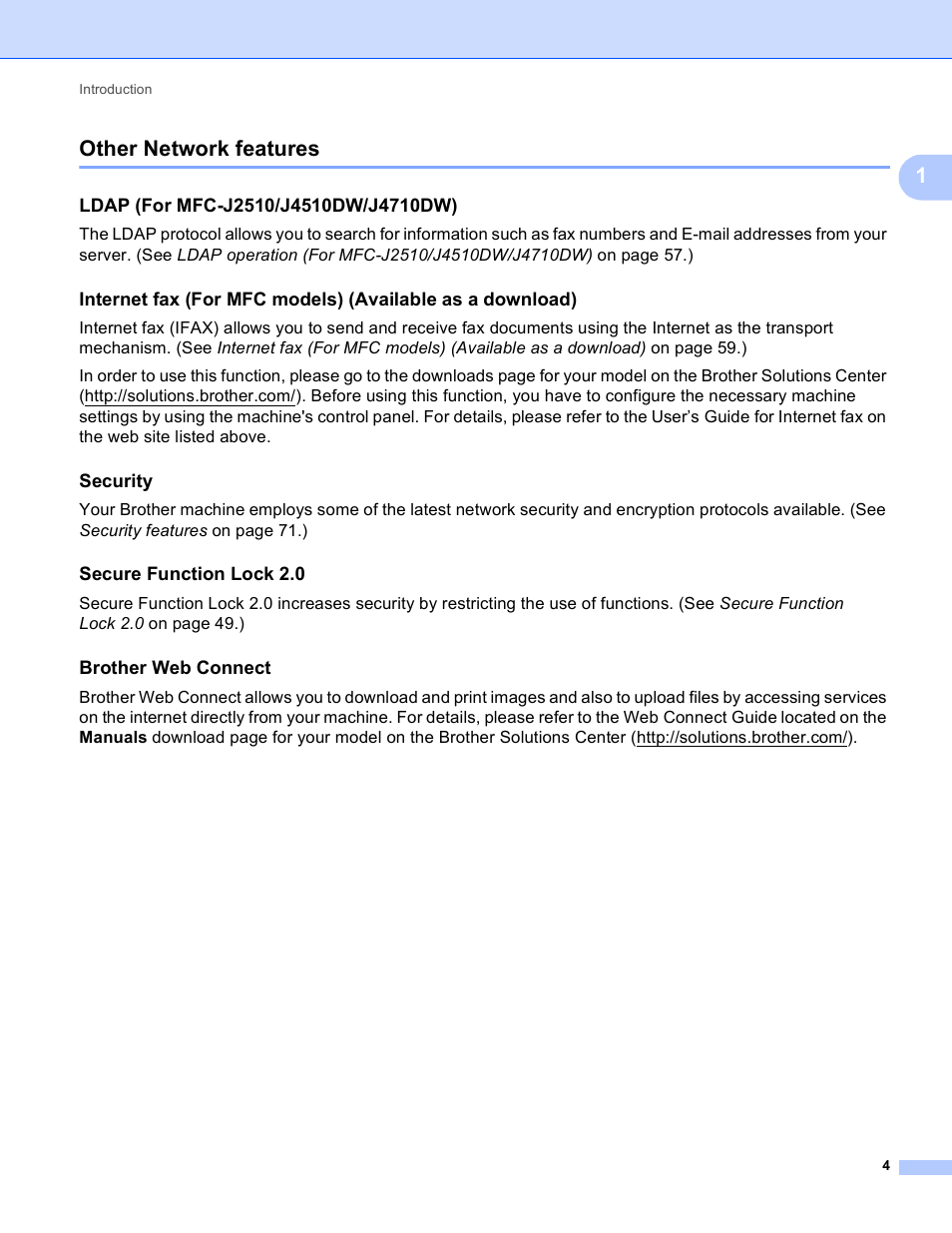 Other network features, Ldap (for mfc-j2510/j4510dw/j4710dw), Security | Secure function lock 2.0, Brother web connect, 1other network features | Brother MFC-J4710DW User Manual | Page 10 / 110