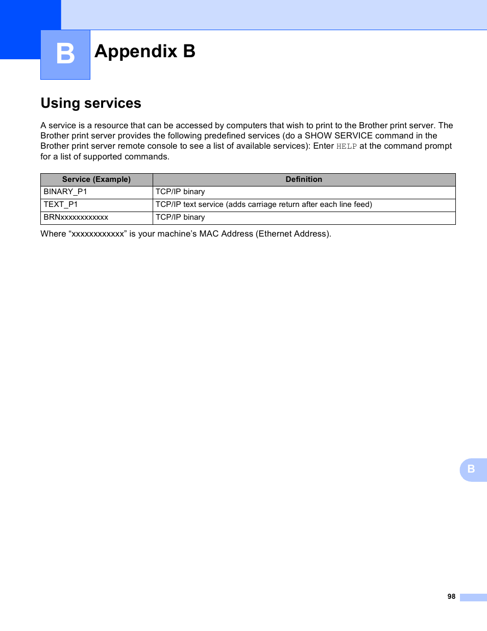 Appendix b, Using services | Brother MFC-J4710DW User Manual | Page 104 / 110