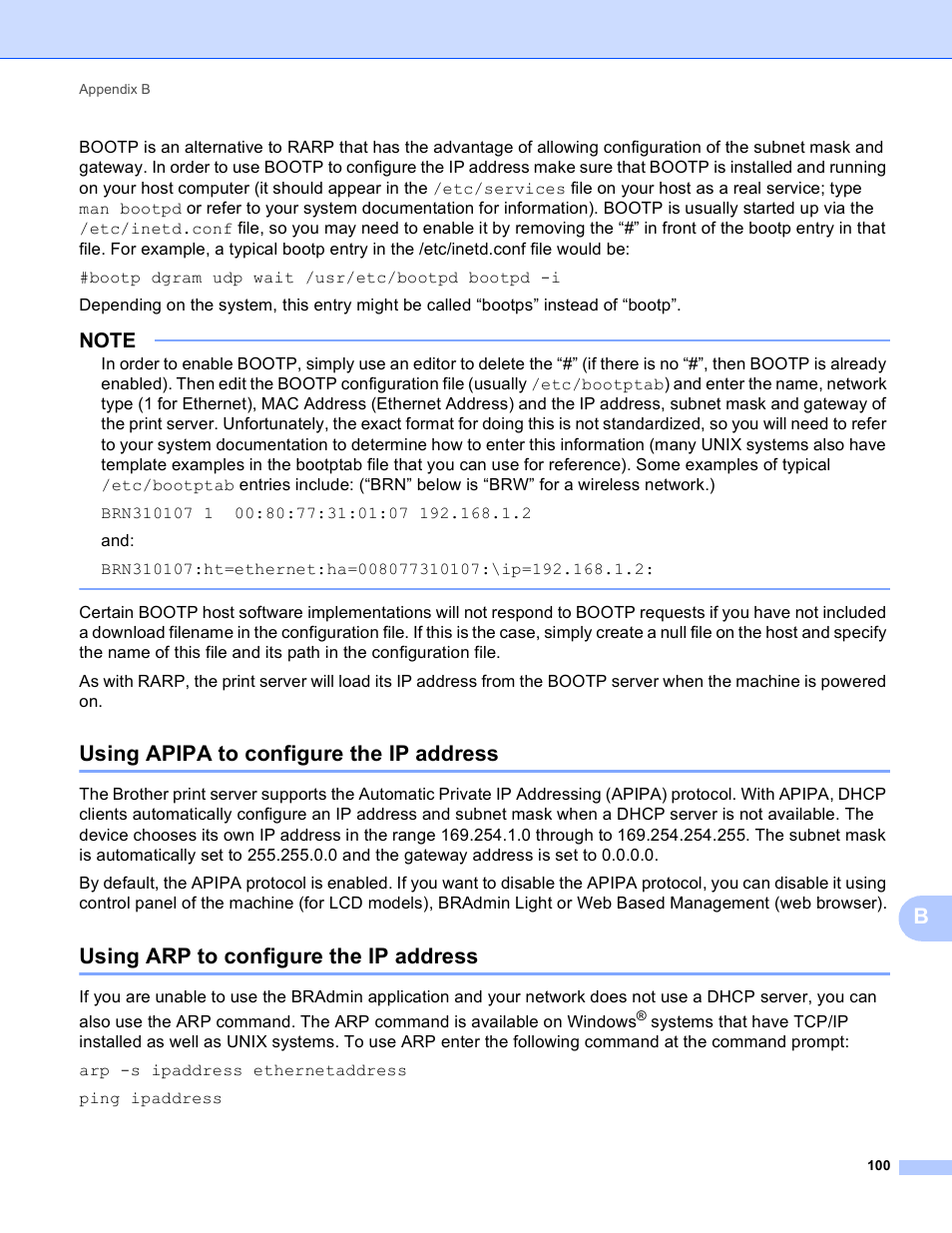 Using apipa to configure the ip address, Using arp to configure the ip address | Brother MFC-J4710DW User Manual | Page 106 / 110
