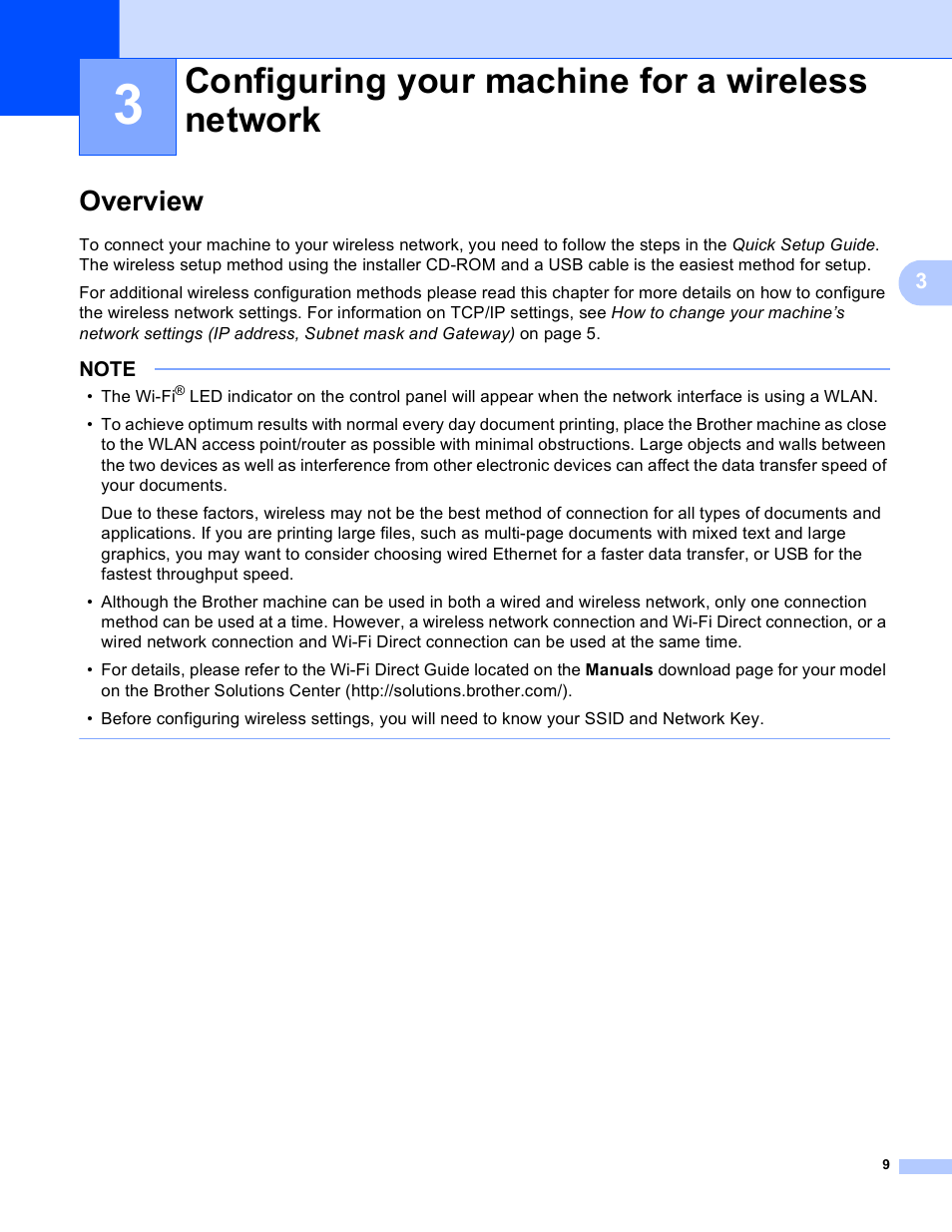 3 configuring your machine for a wireless network, Overview, Configuring your machine for a wireless network | Brother MFC-J4710DW User Manual | Page 15 / 110