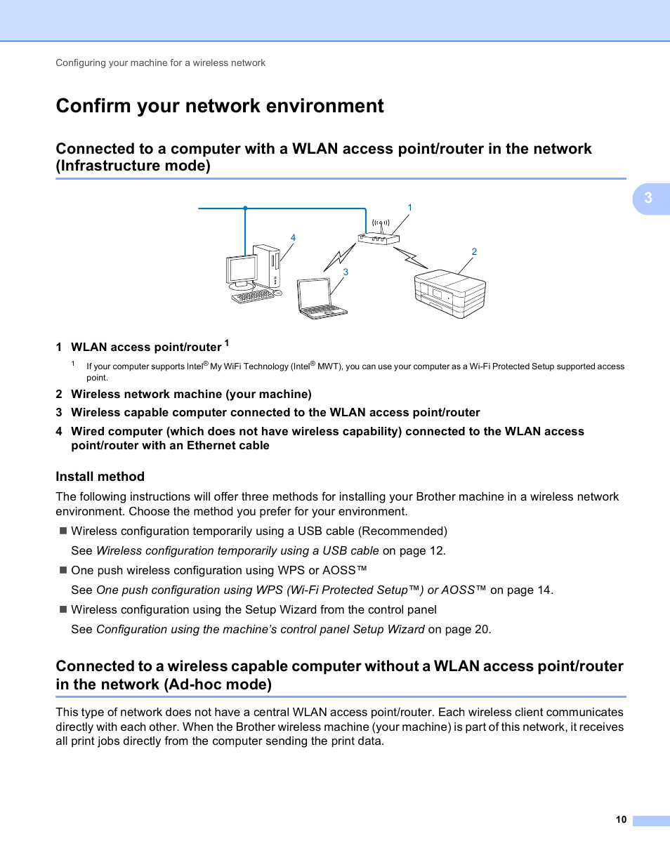 Confirm your network environment, Install method, Infrastructure mode) | Ad-hoc mode) | Brother MFC-J4710DW User Manual | Page 16 / 110