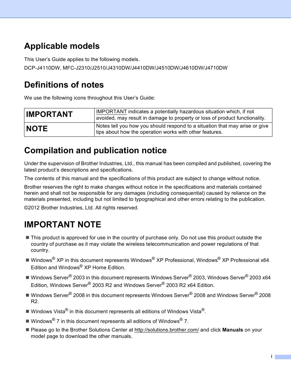 Applicable models, Definitions of notes, Compilation and publication notice | Important note, Important | Brother MFC-J4710DW User Manual | Page 2 / 110