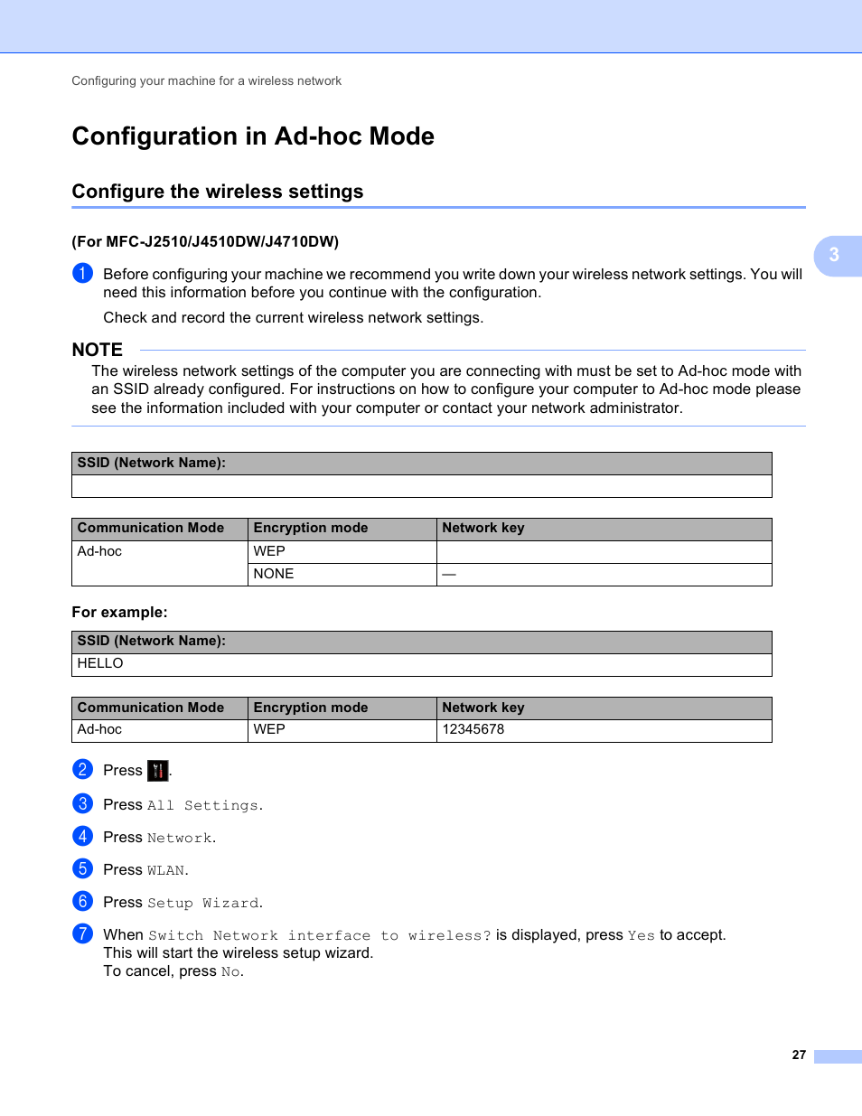 Configuration in ad-hoc mode, Configure the wireless settings | Brother MFC-J4710DW User Manual | Page 33 / 110