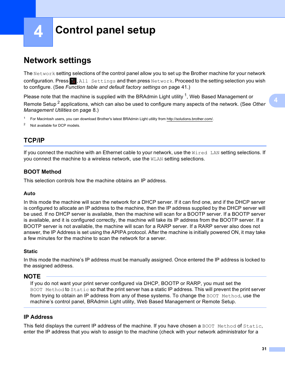 4 control panel setup, Network settings, Tcp/ip | Boot method, Ip address, Control panel setup | Brother MFC-J4710DW User Manual | Page 37 / 110