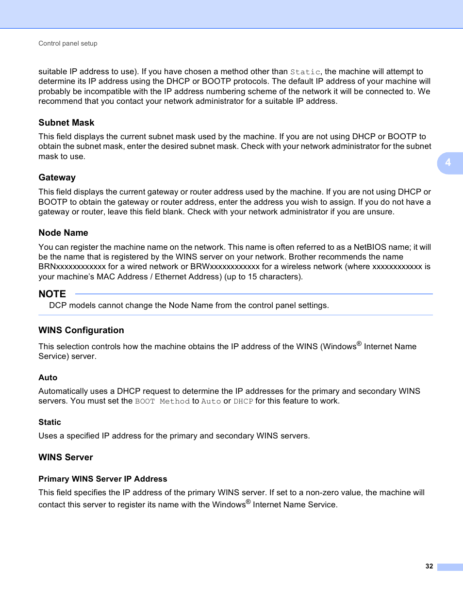 Subnet mask, Gateway, Node name | Wins configuration, Wins server | Brother MFC-J4710DW User Manual | Page 38 / 110