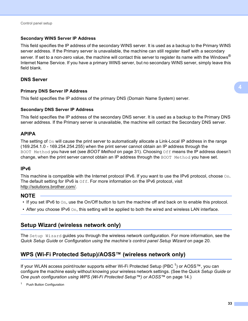 Dns server, Apipa, Ipv6 | Setup wizard (wireless network only) | Brother MFC-J4710DW User Manual | Page 39 / 110