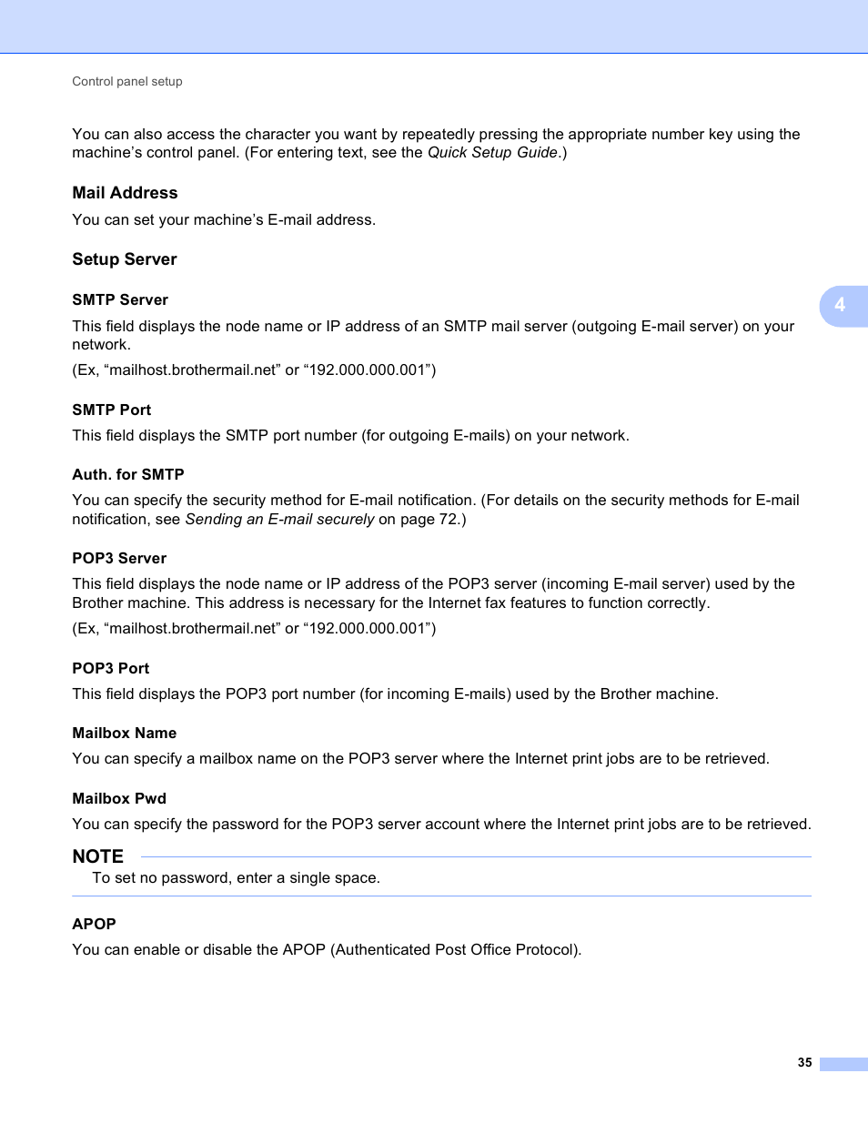 Mail address, Setup server, You can set your machine’s e-mail address | Smtp server, Apop | Brother MFC-J4710DW User Manual | Page 41 / 110