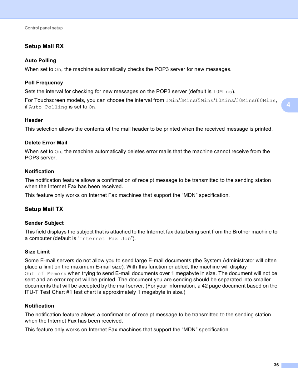 Setup mail rx, Setup mail tx, Auto polling | Sender subject | Brother MFC-J4710DW User Manual | Page 42 / 110