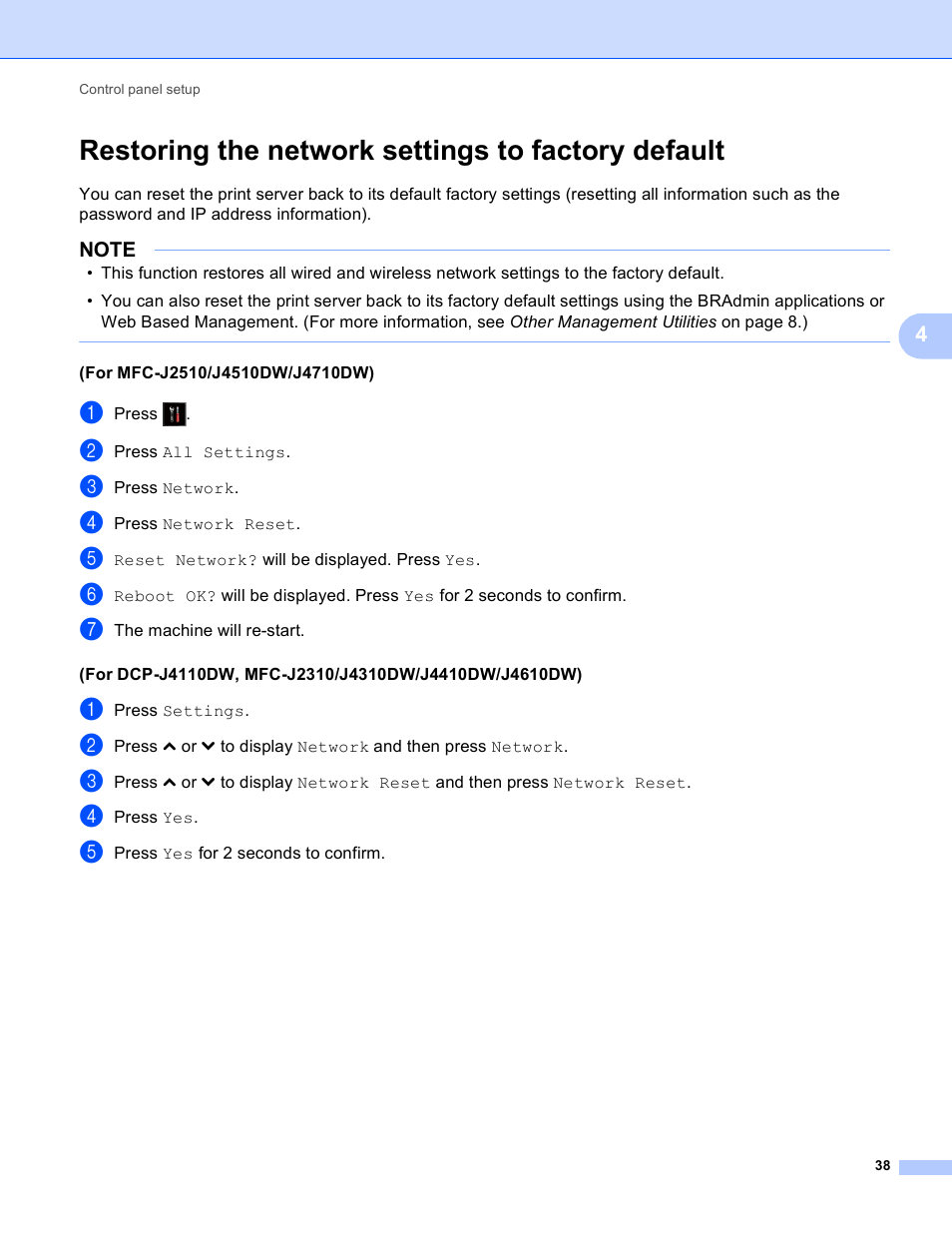 Restoring the network settings to factory default | Brother MFC-J4710DW User Manual | Page 44 / 110