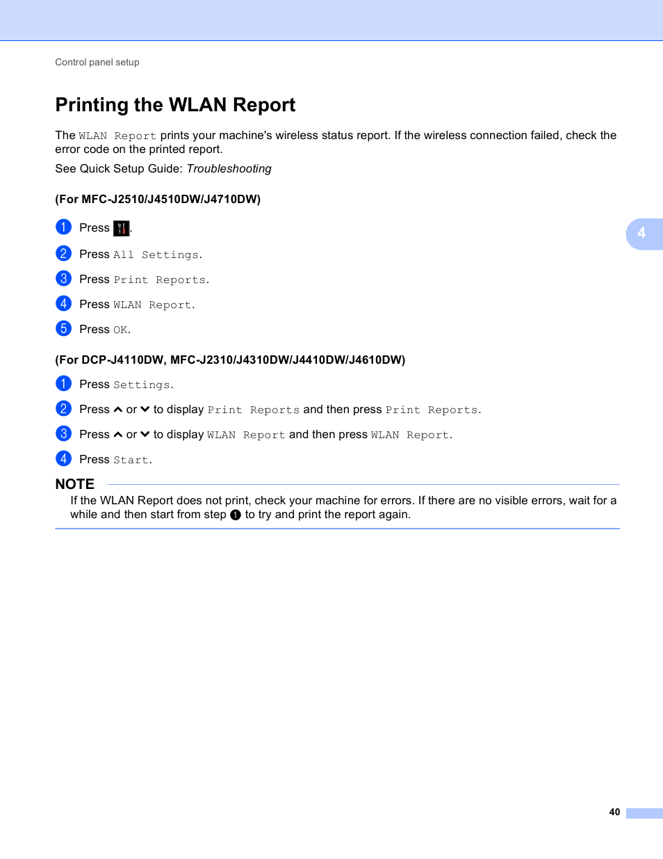 Printing the wlan report | Brother MFC-J4710DW User Manual | Page 46 / 110