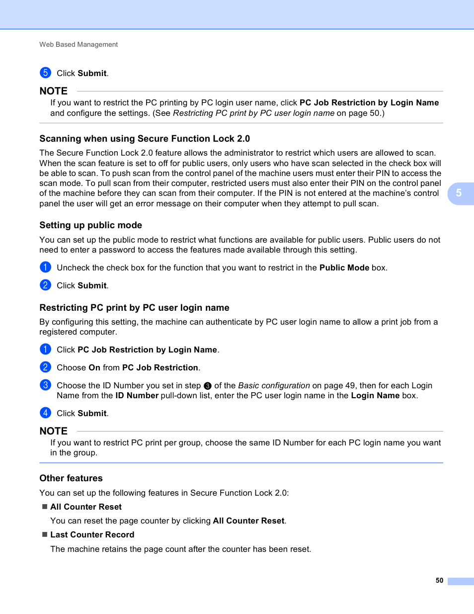 Scanning when using secure function lock 2.0, Setting up public mode, Restricting pc print by pc user login name | Other features | Brother MFC-J4710DW User Manual | Page 56 / 110