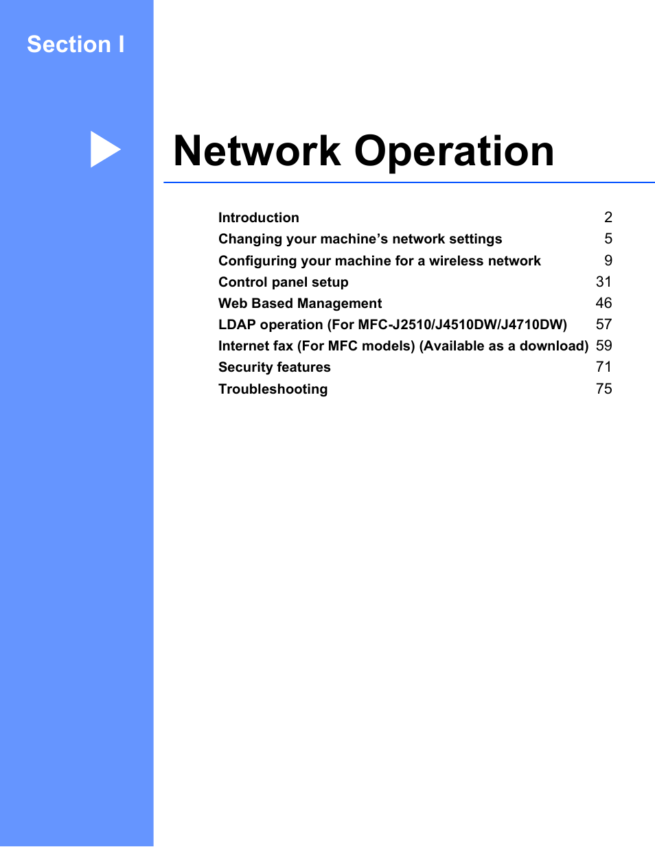 Network operation, Section i network operation | Brother MFC-J4710DW User Manual | Page 7 / 110