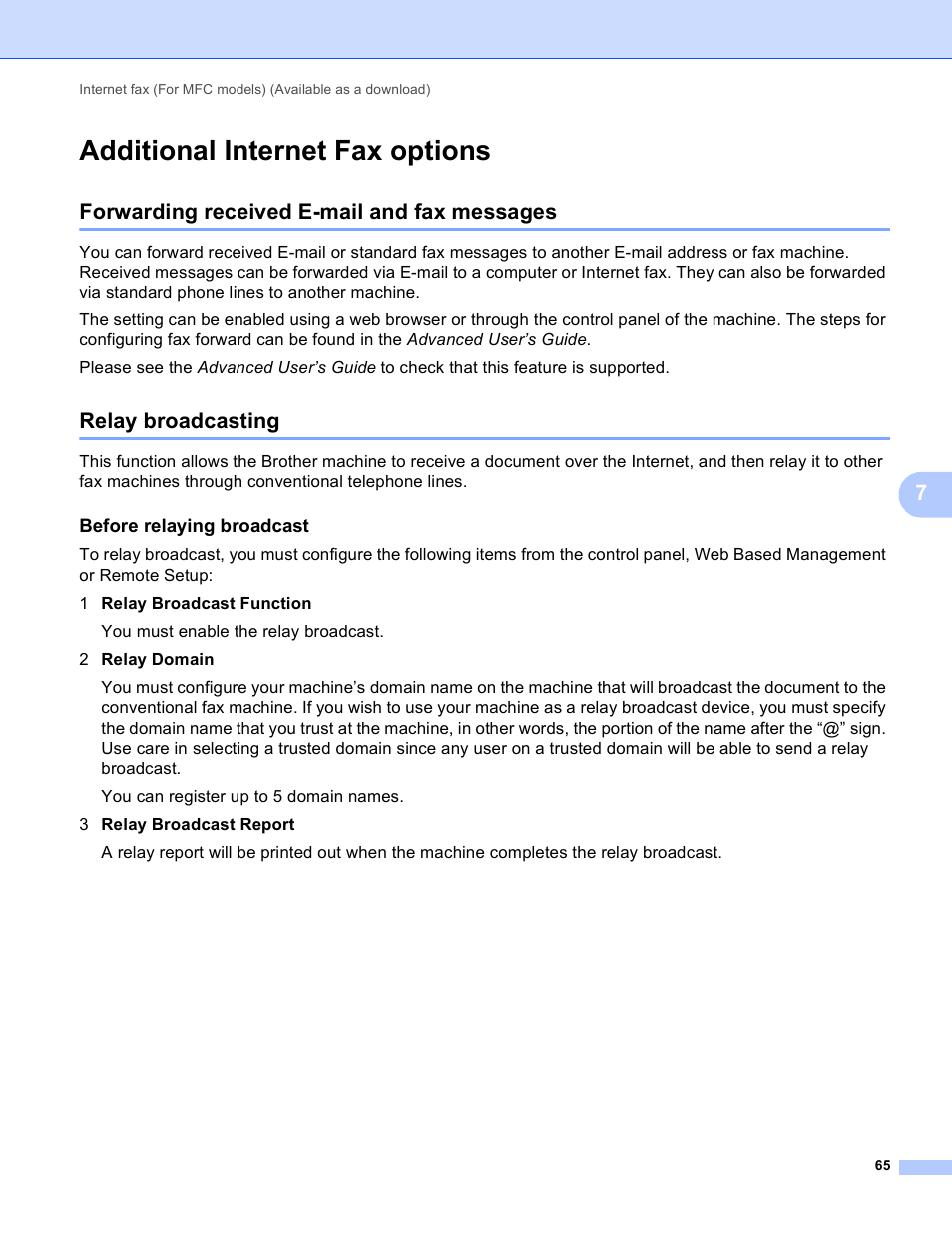 Additional internet fax options, Forwarding received e-mail and fax messages, Relay broadcasting | Before relaying broadcast | Brother MFC-J4710DW User Manual | Page 71 / 110