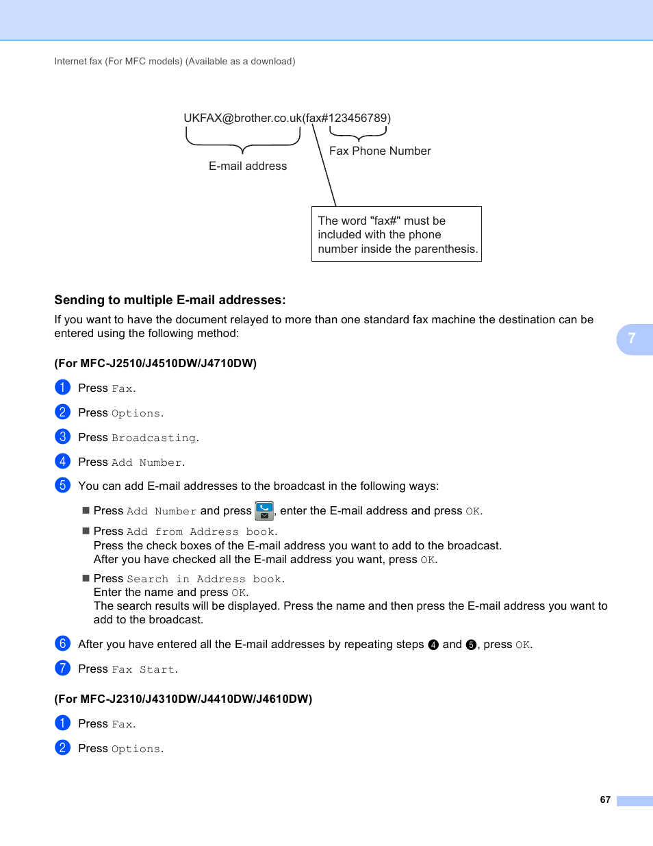 Sending to multiple e-mail addresses | Brother MFC-J4710DW User Manual | Page 73 / 110
