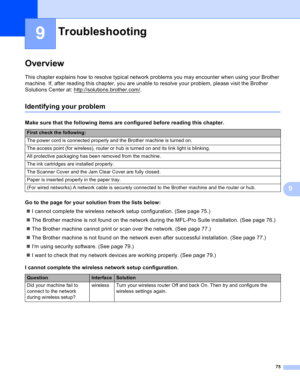 9 troubleshooting, Overview, Identifying your problem | Troubleshooting | Brother MFC-J4710DW User Manual | Page 81 / 110