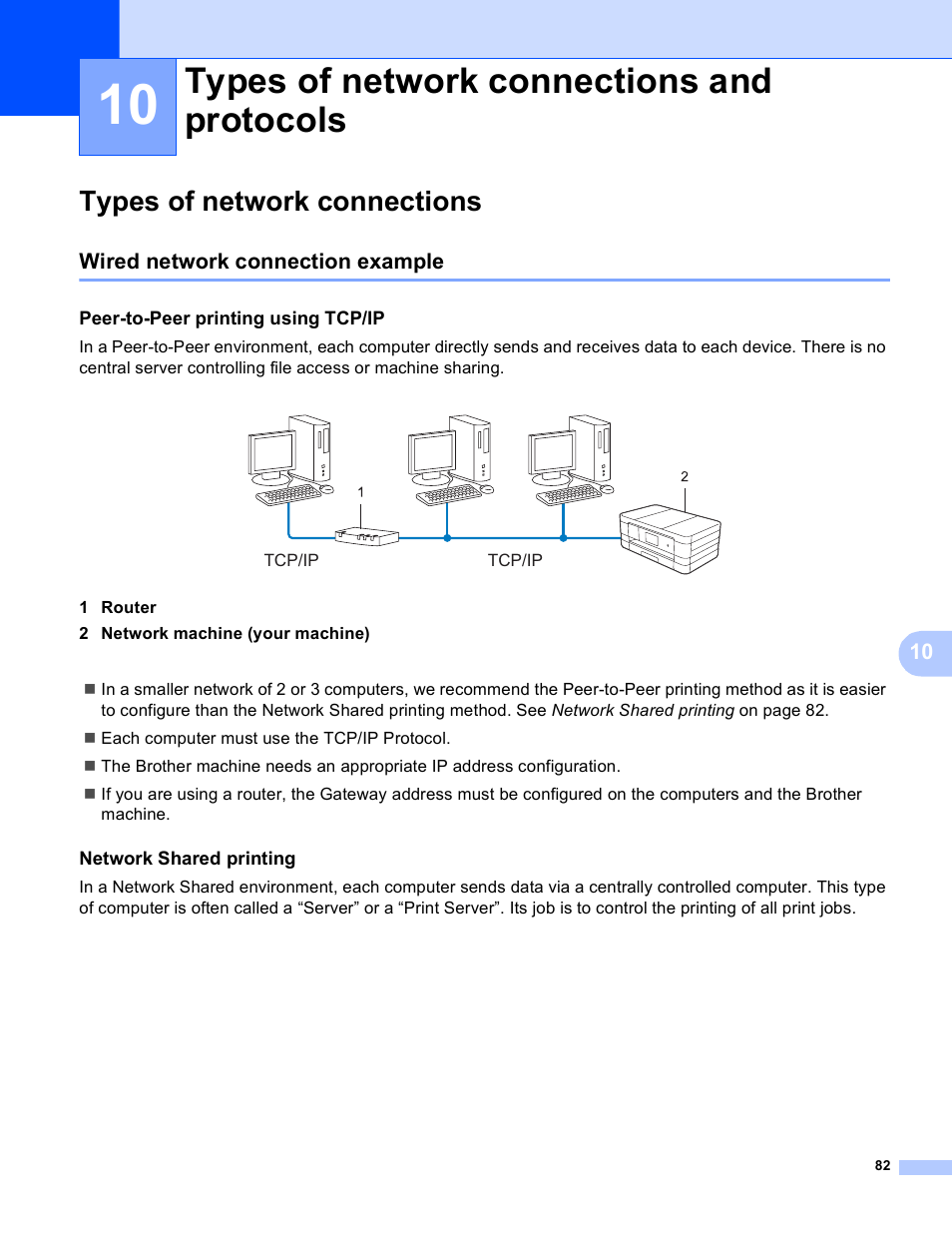 10 types of network connections and protocols, Types of network connections, Wired network connection example | Peer-to-peer printing using tcp/ip, Network shared printing, Types of network connections and protocols | Brother MFC-J4710DW User Manual | Page 88 / 110