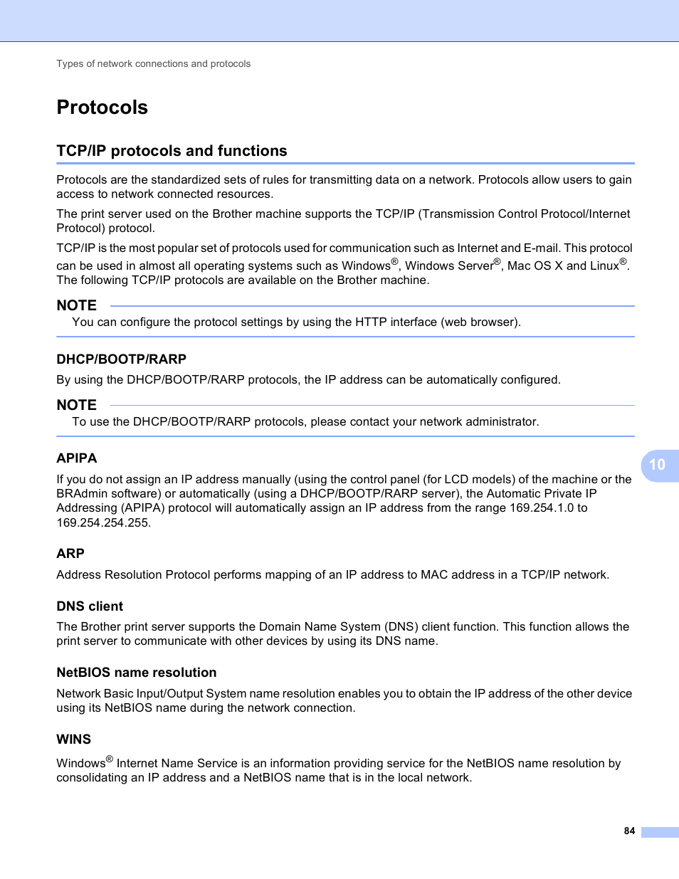Protocols, Tcp/ip protocols and functions, Dhcp/bootp/rarp | Apipa, Dns client, Netbios name resolution, Wins | Brother MFC-J4710DW User Manual | Page 90 / 110