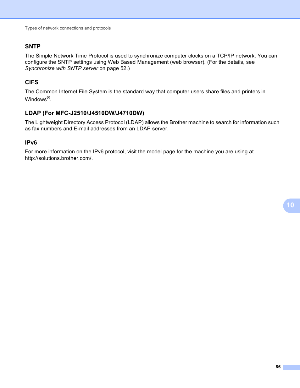 Sntp, Cifs, Ldap (for mfc-j2510/j4510dw/j4710dw) | Ipv6 | Brother MFC-J4710DW User Manual | Page 92 / 110