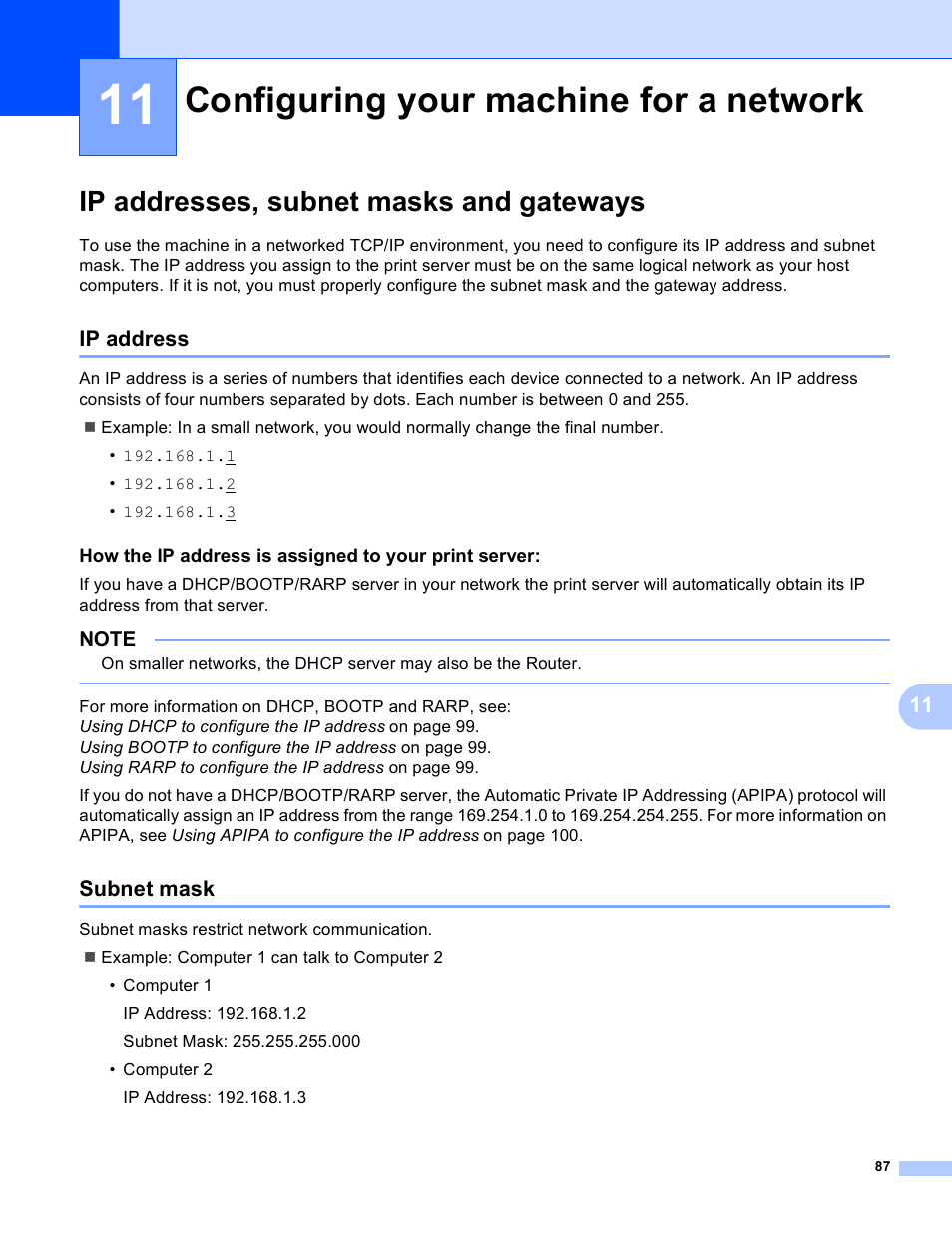 11 configuring your machine for a network, Ip addresses, subnet masks and gateways, Ip address | Subnet mask, Configuring your machine for a network, Ip address subnet mask | Brother MFC-J4710DW User Manual | Page 93 / 110