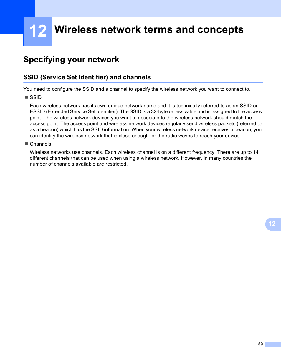 12 wireless network terms and concepts, Specifying your network, Ssid (service set identifier) and channels | Wireless network terms and concepts | Brother MFC-J4710DW User Manual | Page 95 / 110
