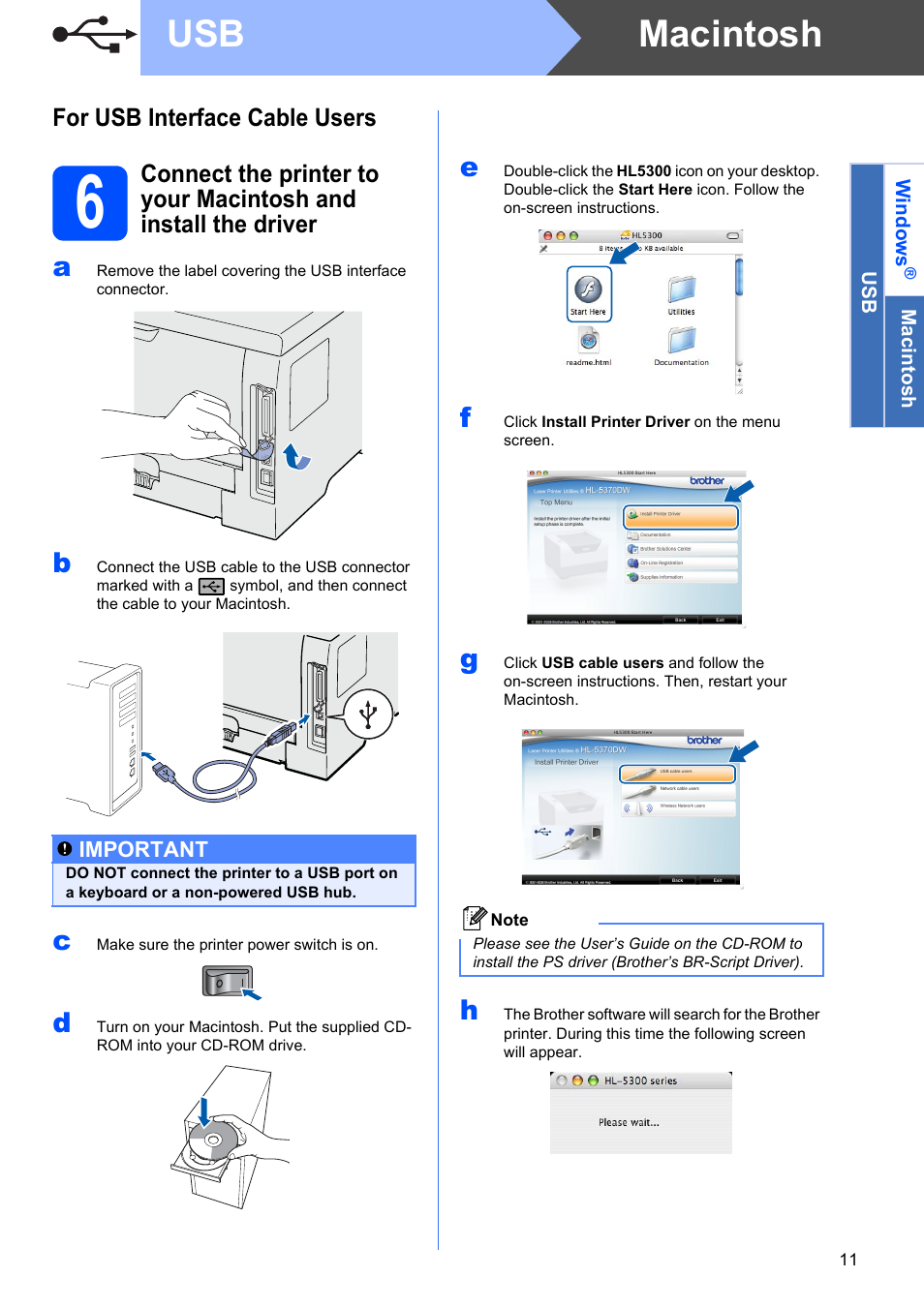 For usb interface cable users (for mac os x users), Macintosh usb, For usb interface cable users | Brother HL 5370DW User Manual | Page 11 / 55