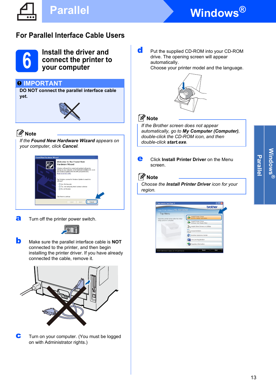 Windows, Parallel, For parallel interface cable users | Brother HL 5370DW User Manual | Page 13 / 55