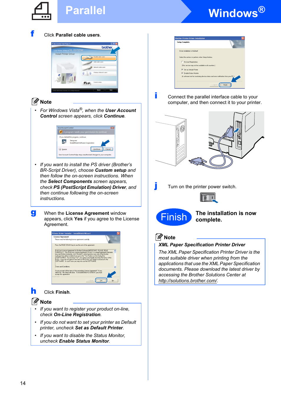 Windows, Parallel, Finish | Brother HL 5370DW User Manual | Page 14 / 55