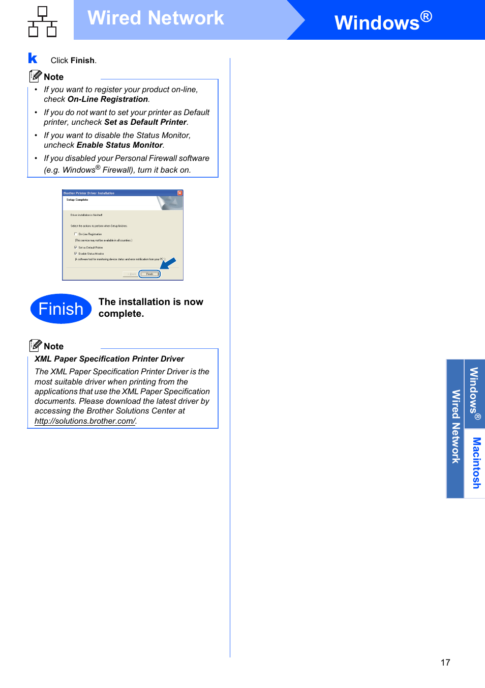 Windows, Wired network, Finish | Brother HL 5370DW User Manual | Page 17 / 55