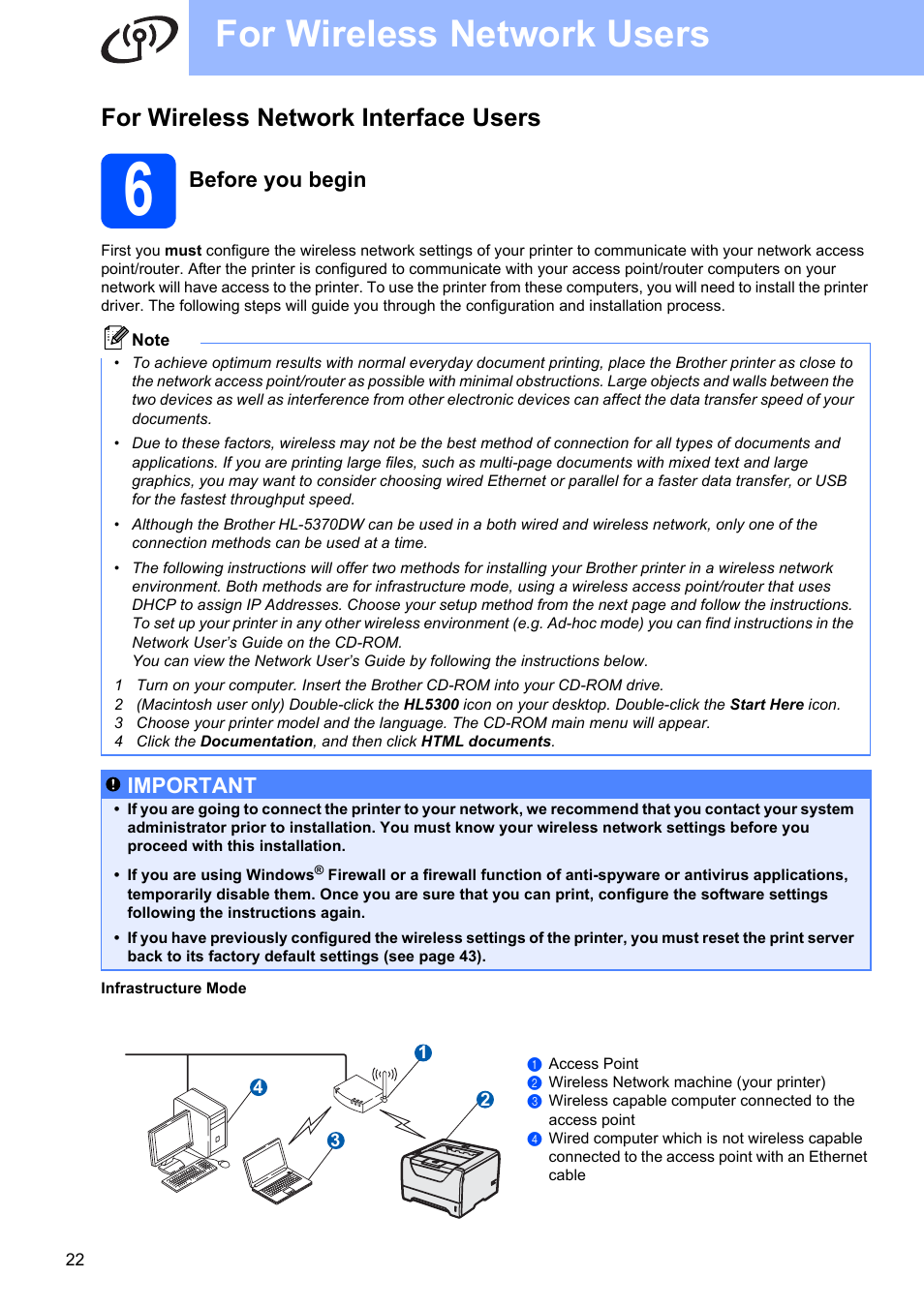 For wireless network interface users, 6 before you begin, For wireless network users | Before you begin, Important | Brother HL 5370DW User Manual | Page 22 / 55