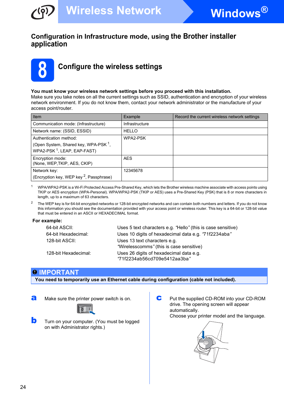 Configure the wireless settings, Windows, Wireless network | The brother installer application, Configuration in infrastructure mode, using, Important | Brother HL 5370DW User Manual | Page 24 / 55