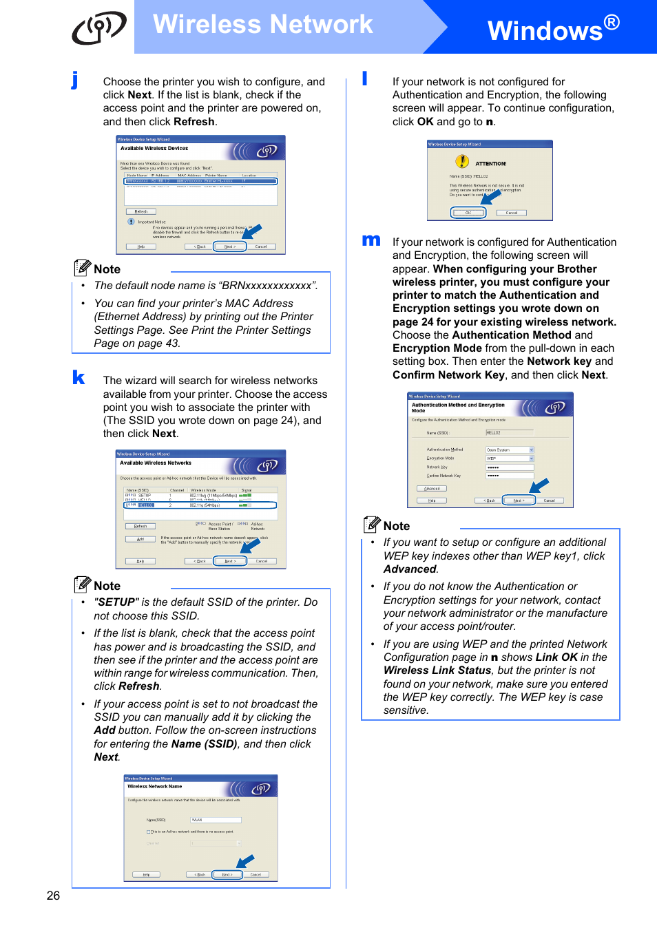 Windows, Wireless network | Brother HL 5370DW User Manual | Page 26 / 55