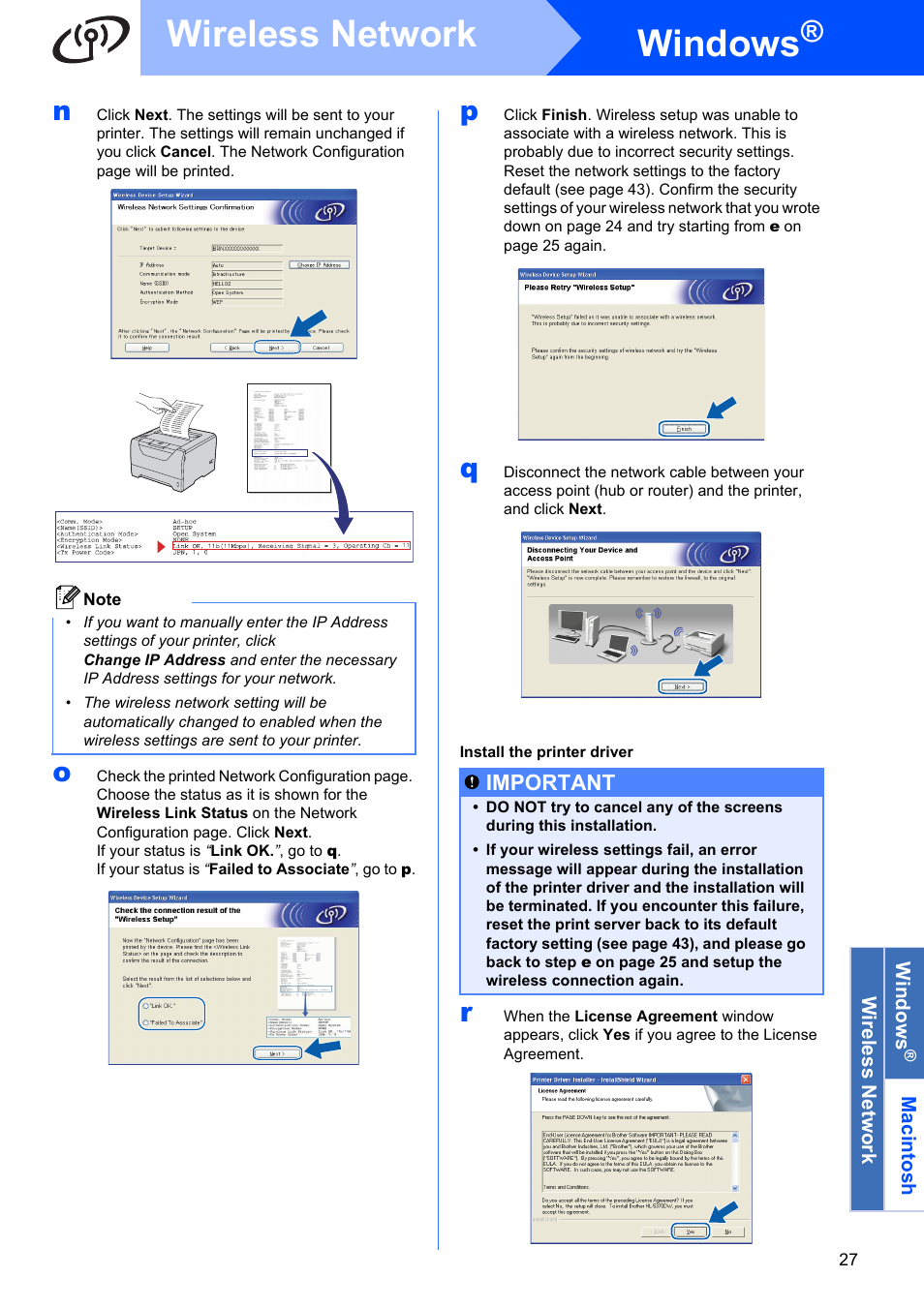 Windows, Wireless network, Important | Brother HL 5370DW User Manual | Page 27 / 55