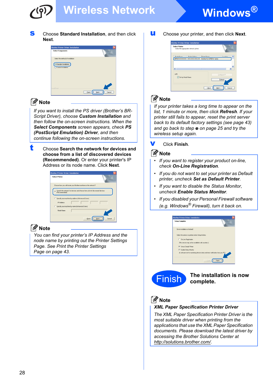 Windows, Wireless network, Finish | Brother HL 5370DW User Manual | Page 28 / 55