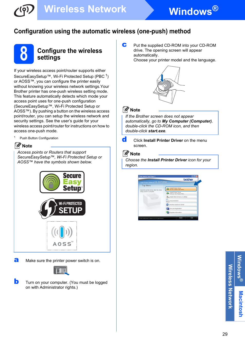 Configure the wireless settings, Windows, Wireless network | Brother HL 5370DW User Manual | Page 29 / 55
