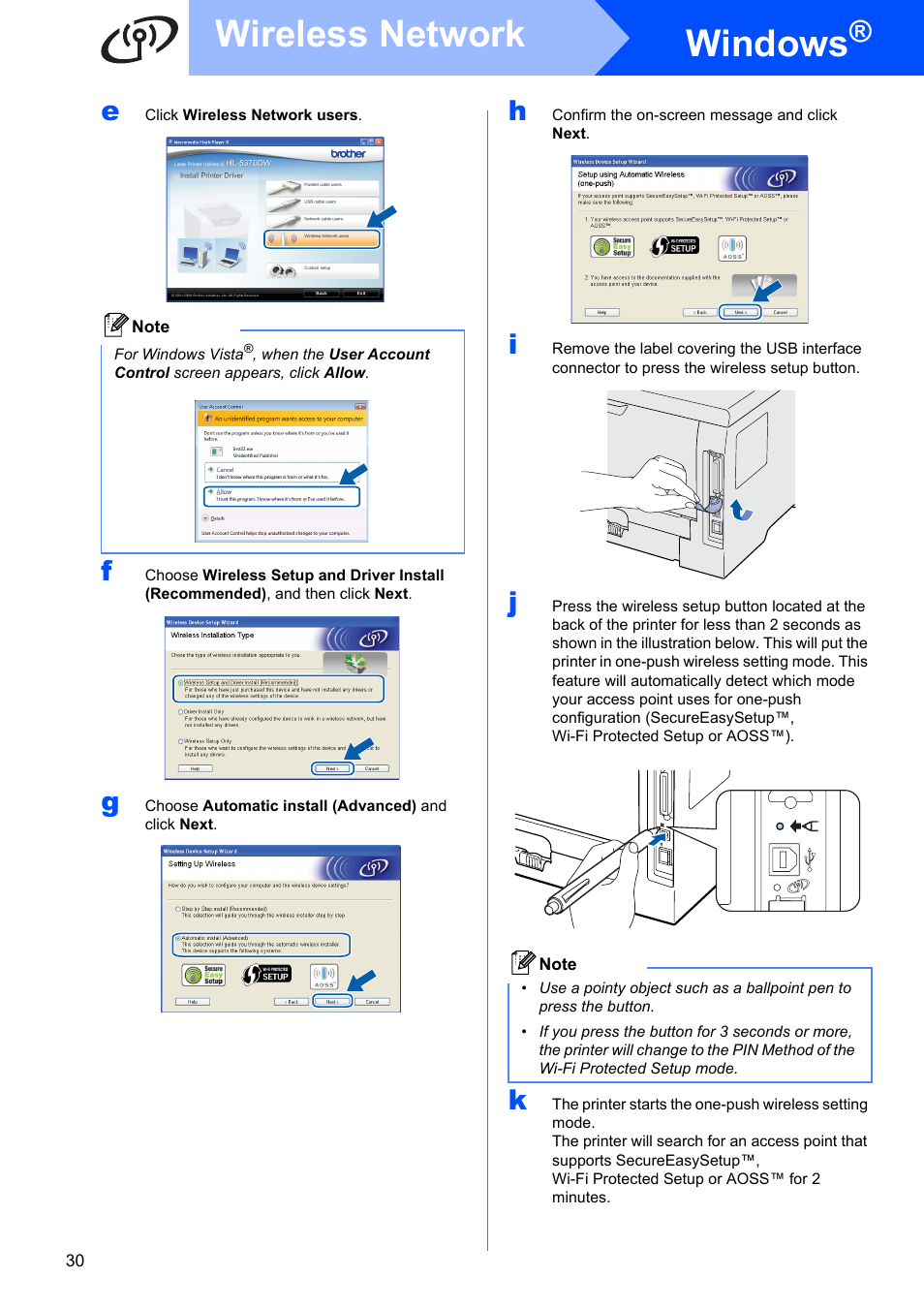 Windows, Wireless network | Brother HL 5370DW User Manual | Page 30 / 55