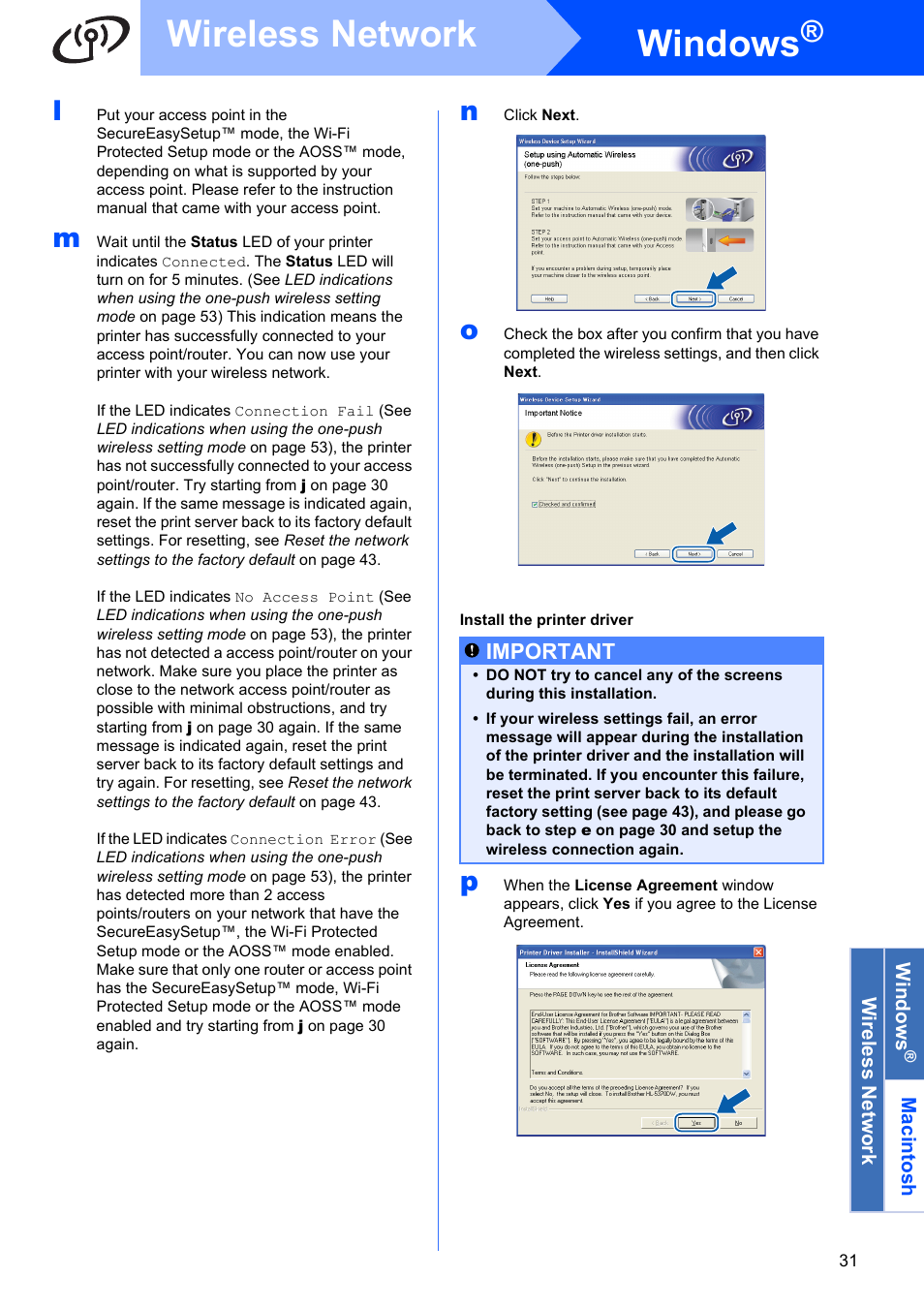 Windows, Wireless network, Important | Brother HL 5370DW User Manual | Page 31 / 55