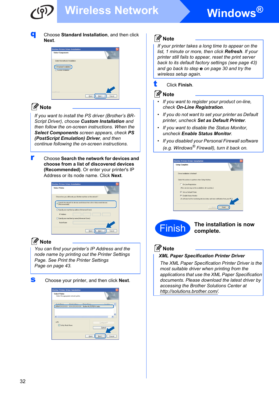 Windows, Wireless network, Finish | Brother HL 5370DW User Manual | Page 32 / 55