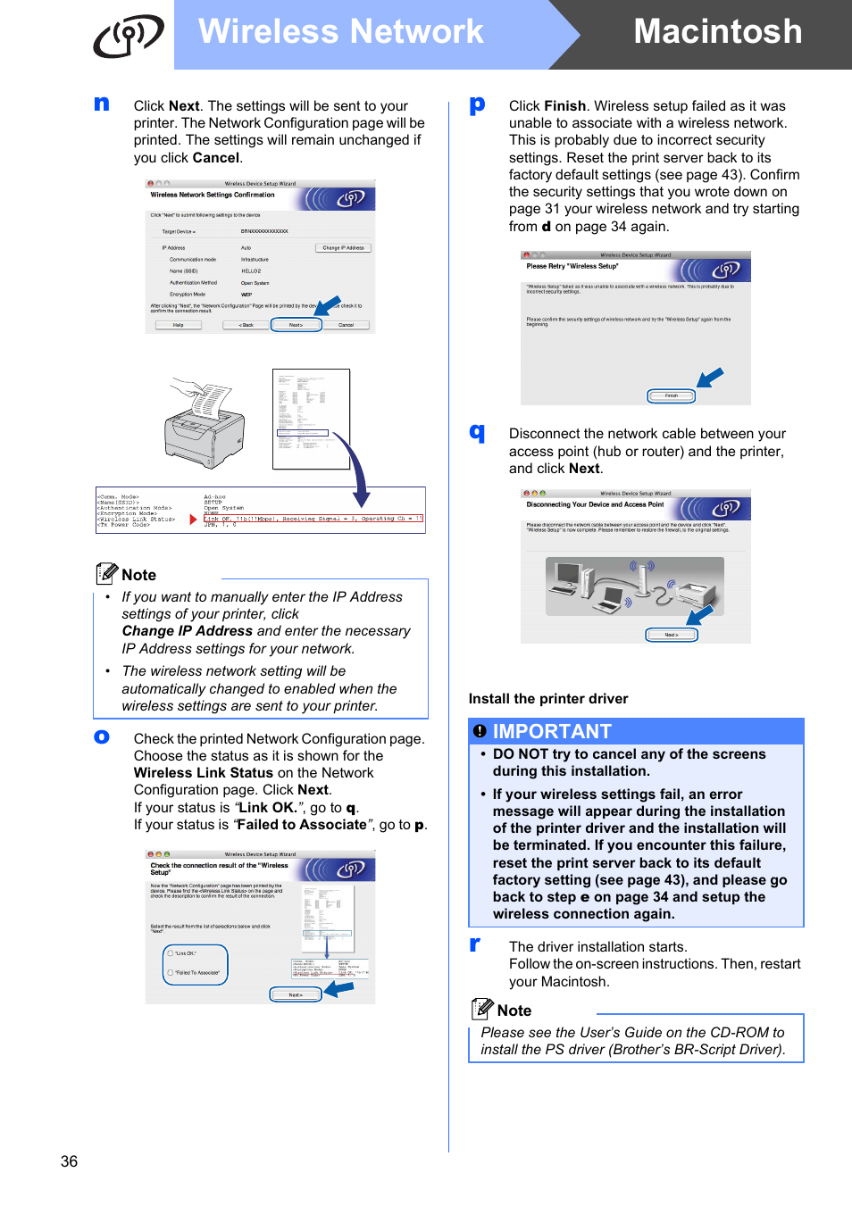 Macintosh wireless network, Important | Brother HL 5370DW User Manual | Page 36 / 55