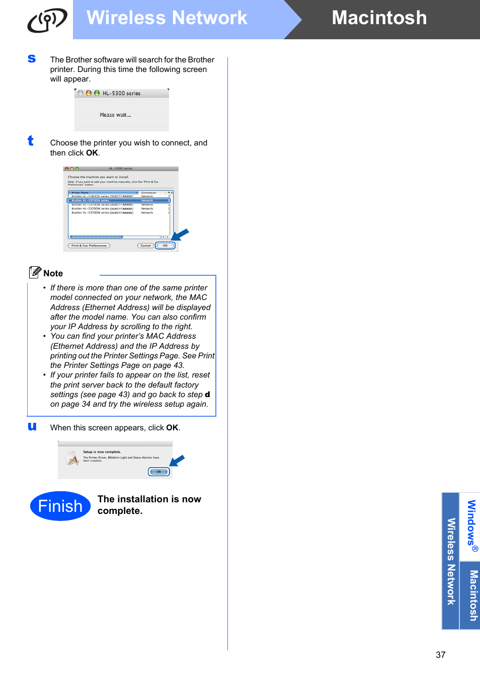 Macintosh wireless network, Finish | Brother HL 5370DW User Manual | Page 37 / 55